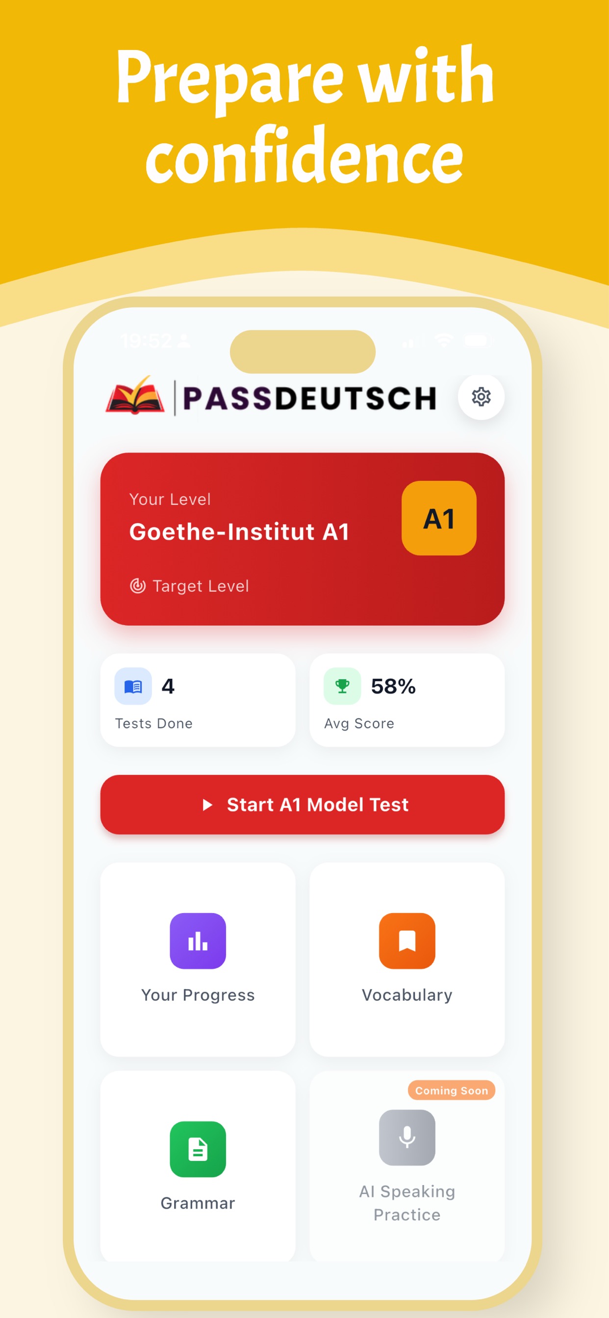 PassDeutsch home screen with exam provider selection — Goethe, telc, DTZ