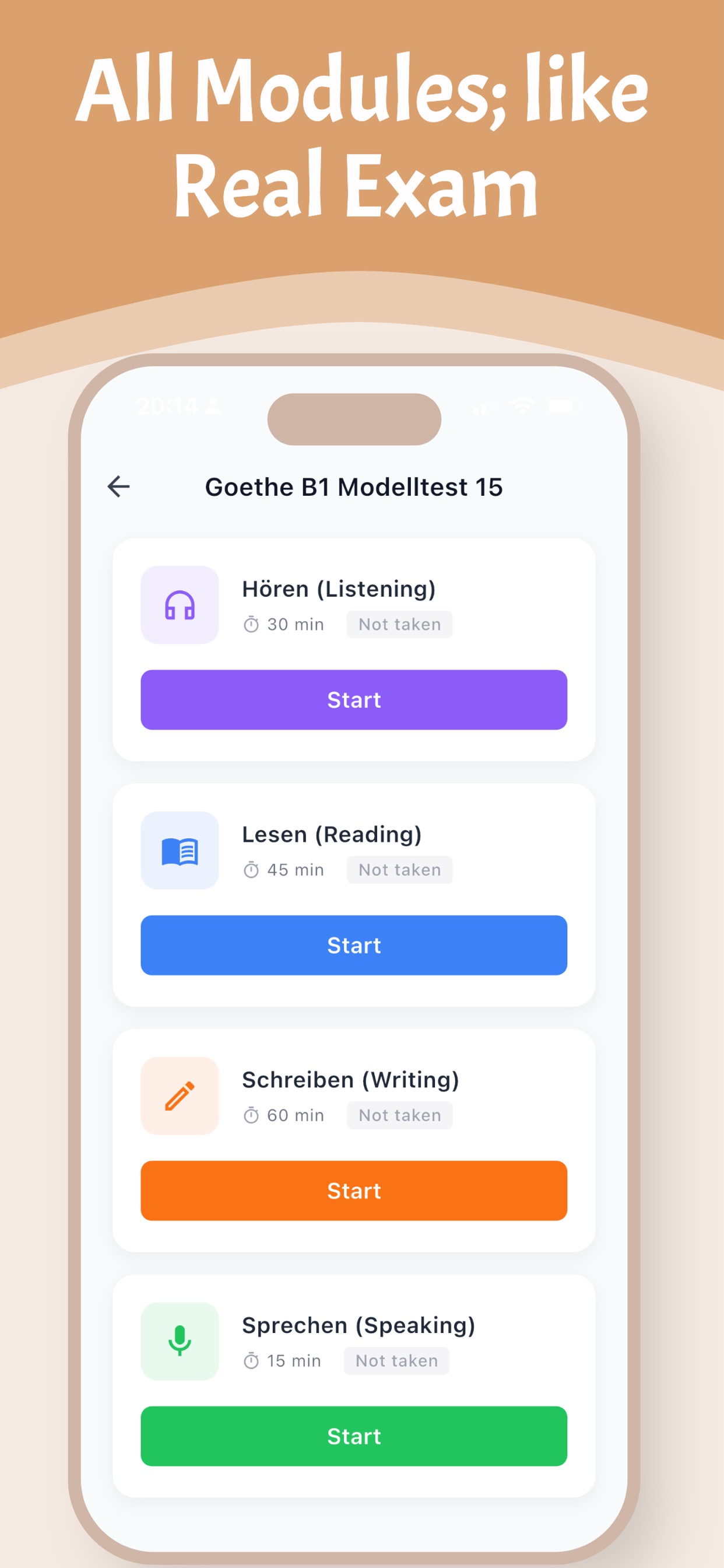 German exam test list showing all four skill modules