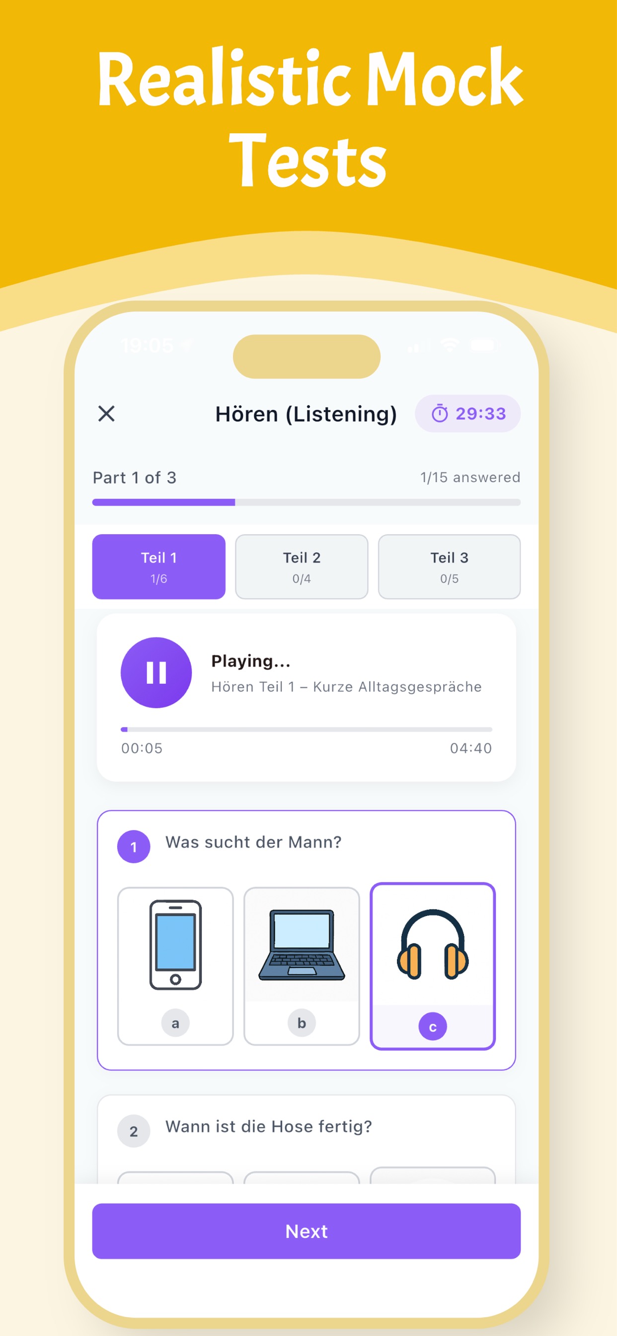 German listening test (Hören) with audio player